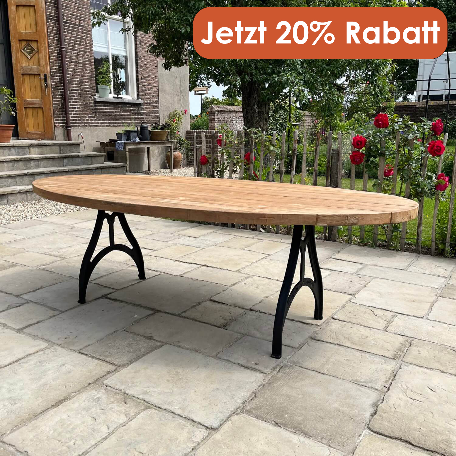 Industrie design ovaler Gartentisch aus Teakholz mit Eisen Tischbeinen