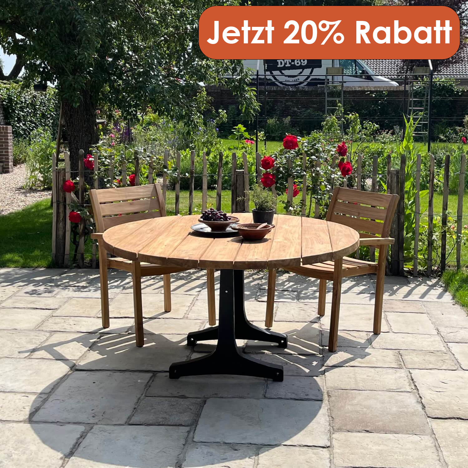 Industrie design runder Gartentisch aus Teakholz mit Eisen Tischbeinen - T18 - Rabatt