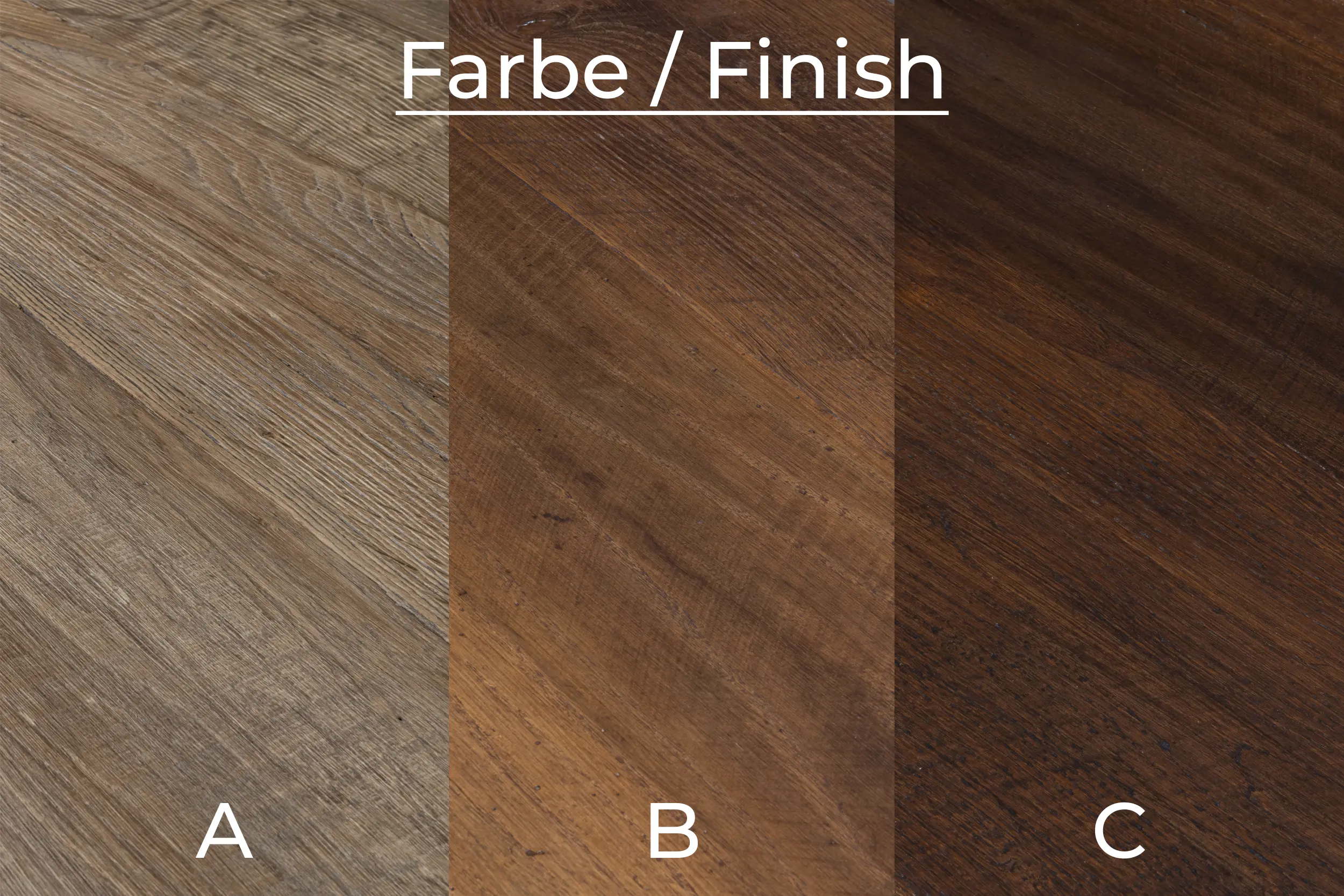 Farbe und finish optionen bei alte Eiche Foto mit Auswahlmöglichkeiten für die Farbe und das Finish ( Ausführung) des Tisches. Andere Farben und Ausführungen sind auf Anfrage erhältlich. Wir fertigen alles speziell für Sie von Hand an.